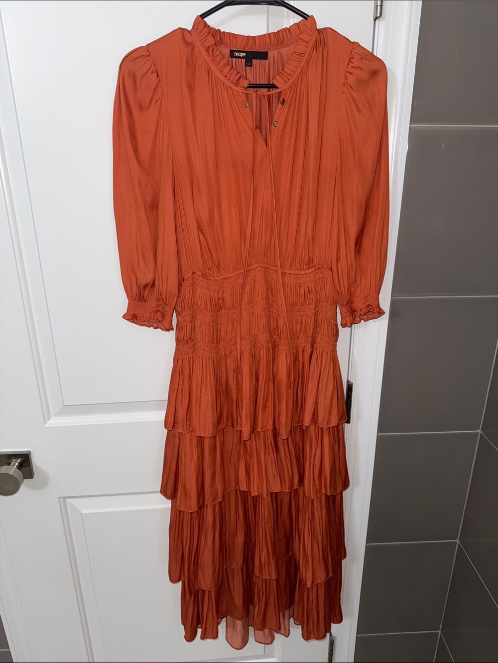 Maje Burnt Orange Tiered Ruffle Midi Dress